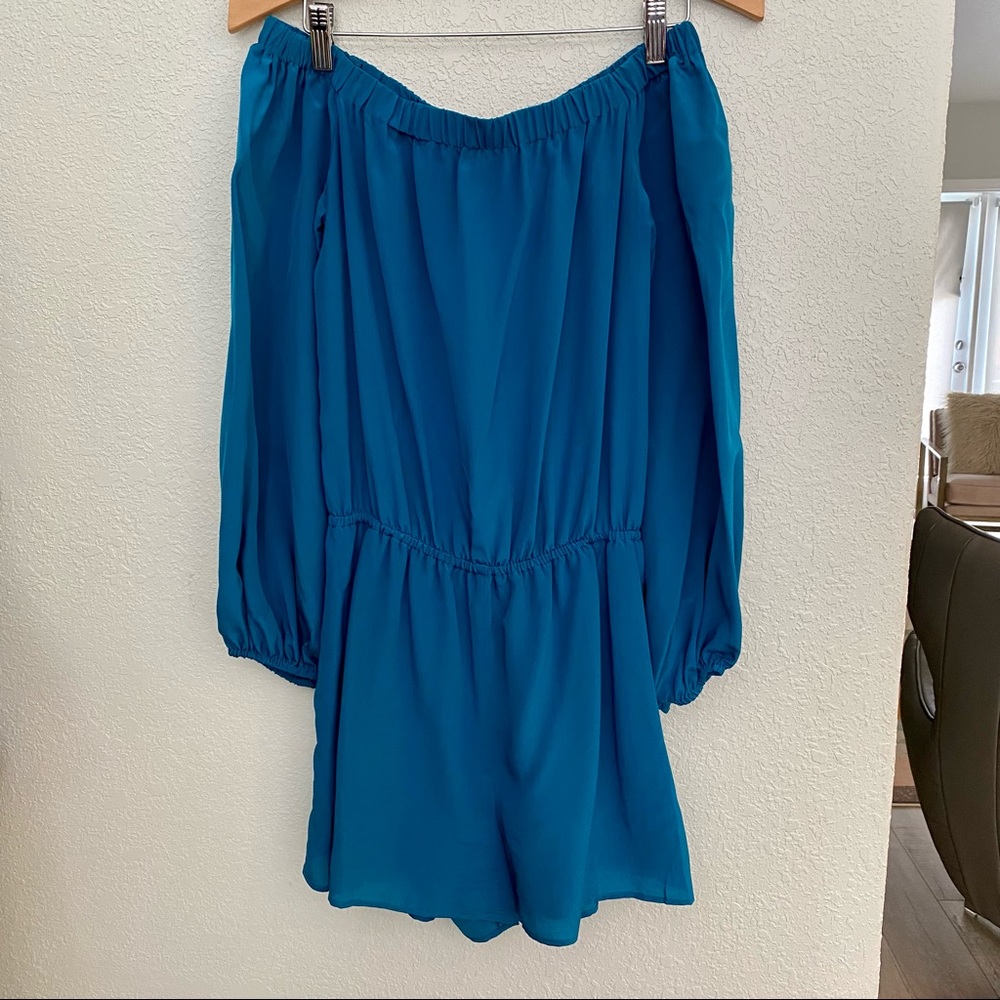 NBW SZ S LAVENDER BROWN TURQ OFF SHOULDER ROMPER - Picture 1 of 7
